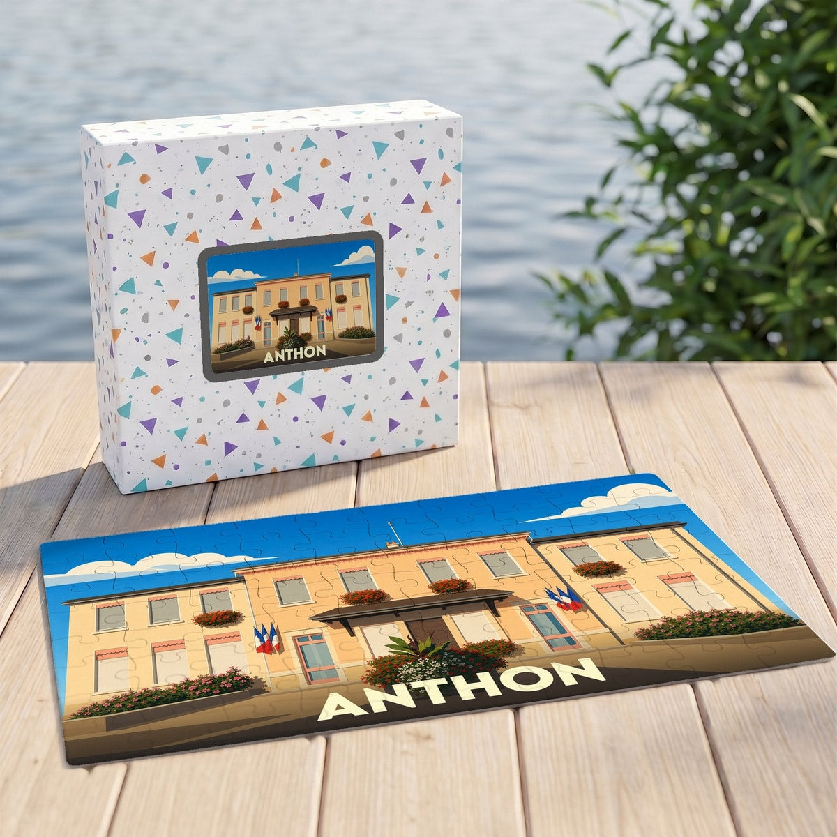 Puzzle souvenir de la ville de Anthon avec une illustration stylisée d'un bâtiment municipal.