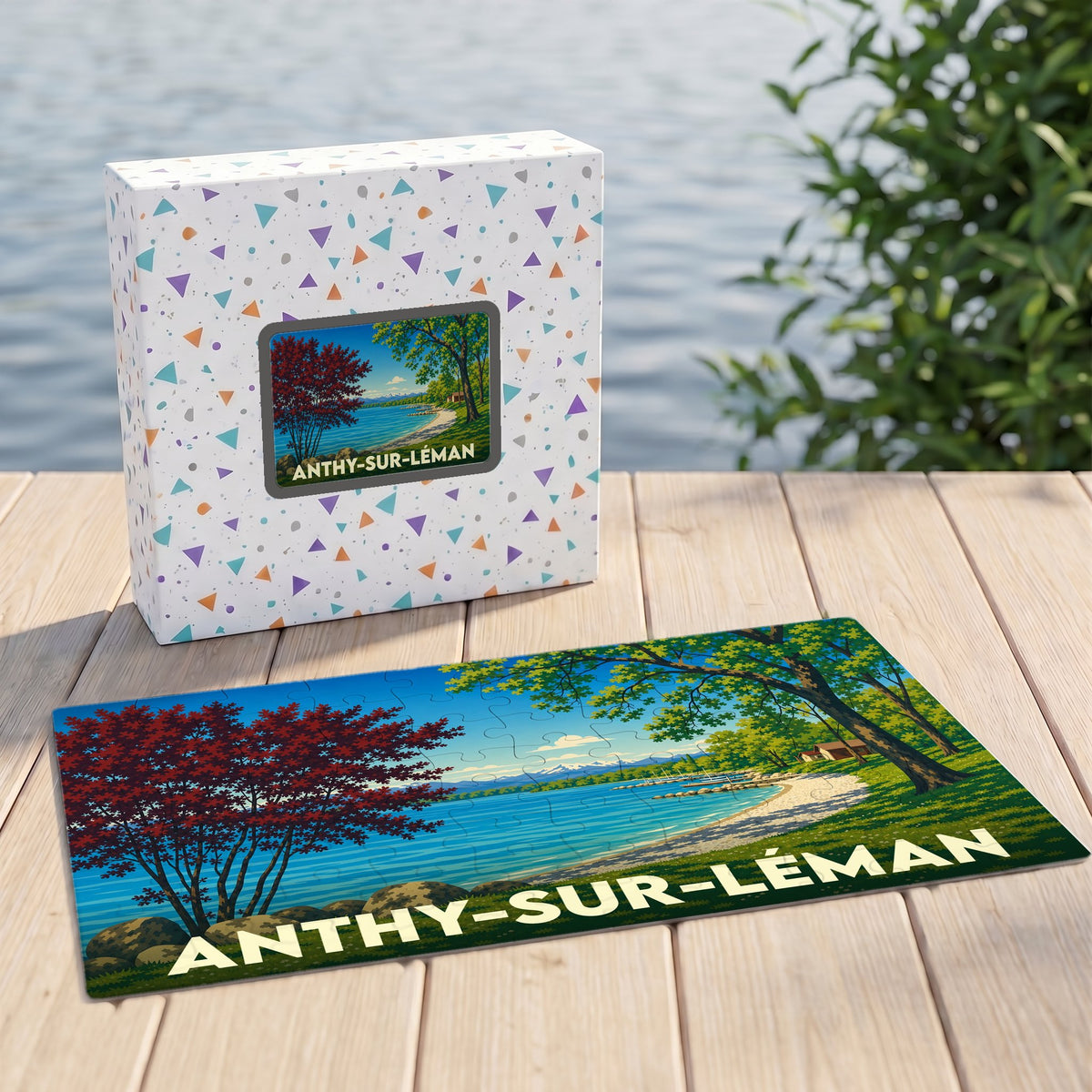 Puzzle souvenir de la ville d'Anthy-sur-Léman avec une illustration stylisée de son bord de lac.