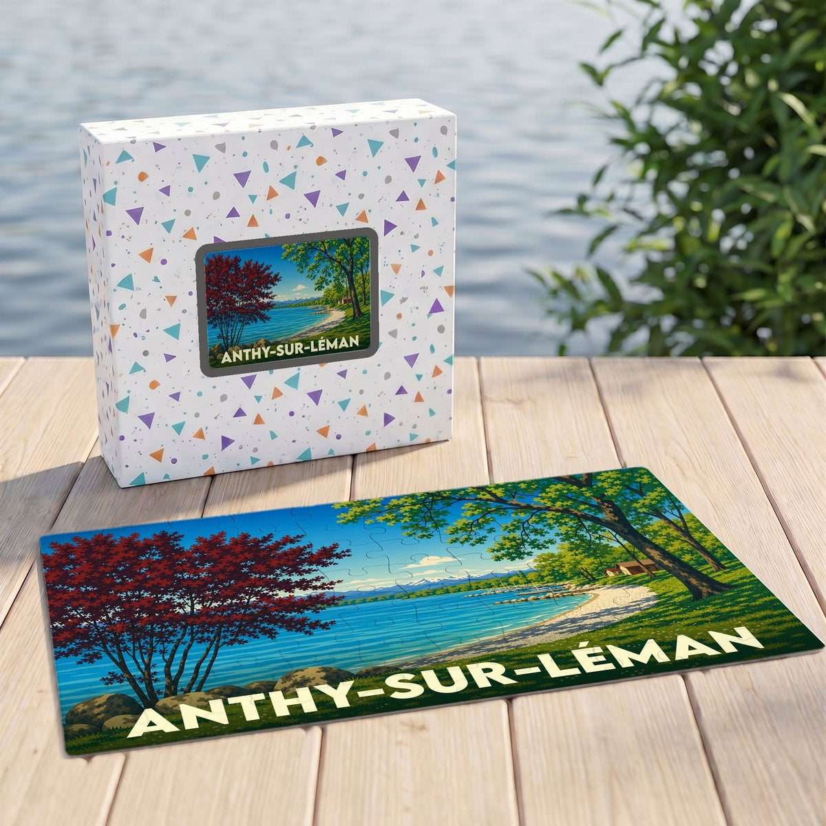 Puzzle souvenir de la ville d'Anthy-sur-Léman avec une illustration stylisée de son bord de lac.