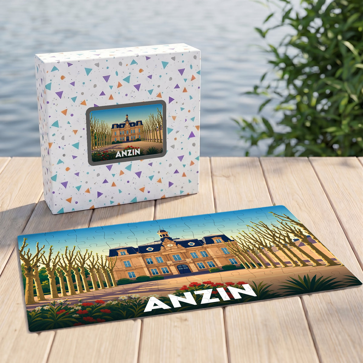 Puzzle souvenir de la ville d'Anzin avec une illustration stylisée de son hôtel de ville.