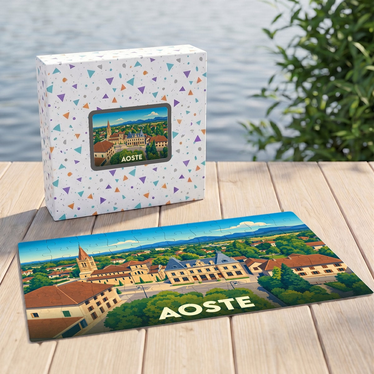 Puzzle souvenir de la ville d'Aoste avec une illustration stylisée et colorée.