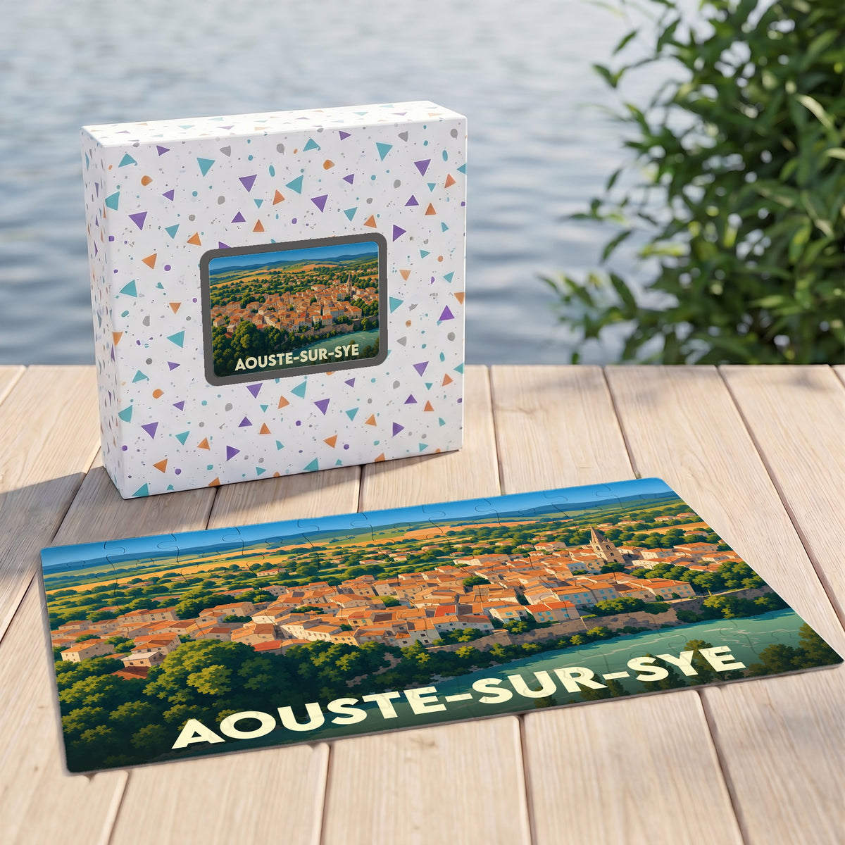 Puzzle souvenir de la ville de Aouste-sur-Sye avec une illustration panoramique colorée.