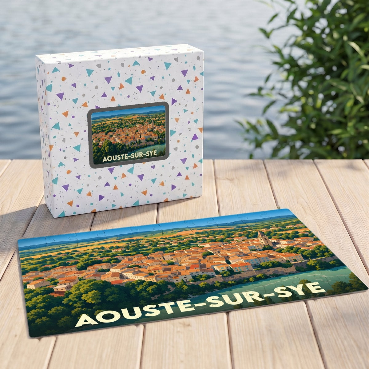 Puzzle souvenir de la ville de Aouste-sur-Sye avec une illustration panoramique colorée.