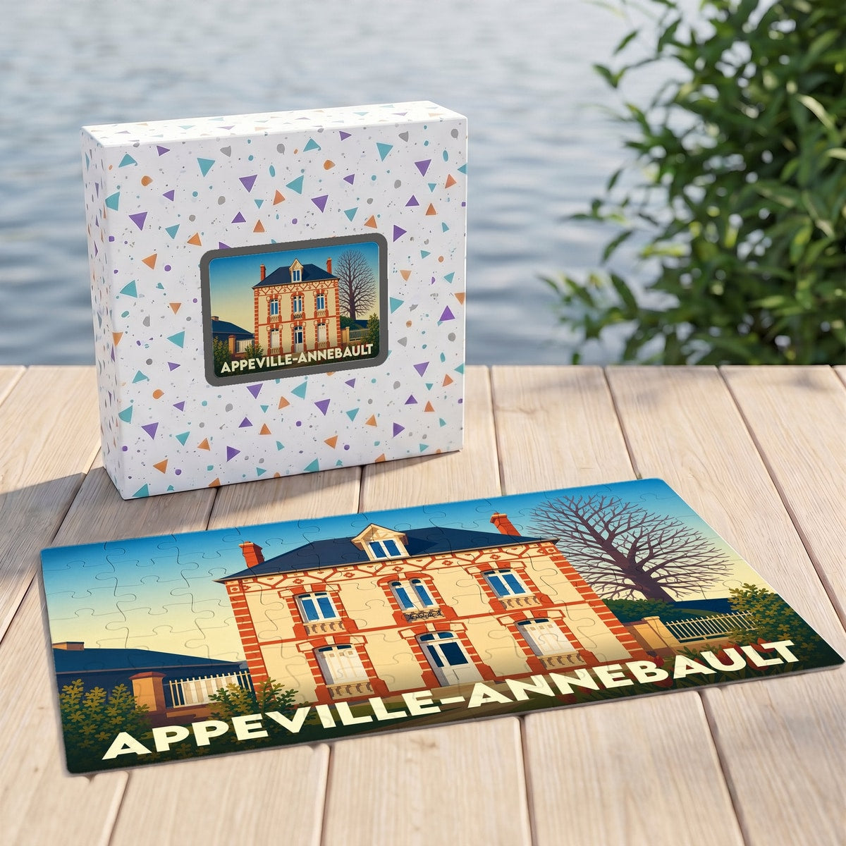 Puzzle souvenir de la ville de Appeville-Annebault avec une illustration stylisée d'une maison traditionnelle.