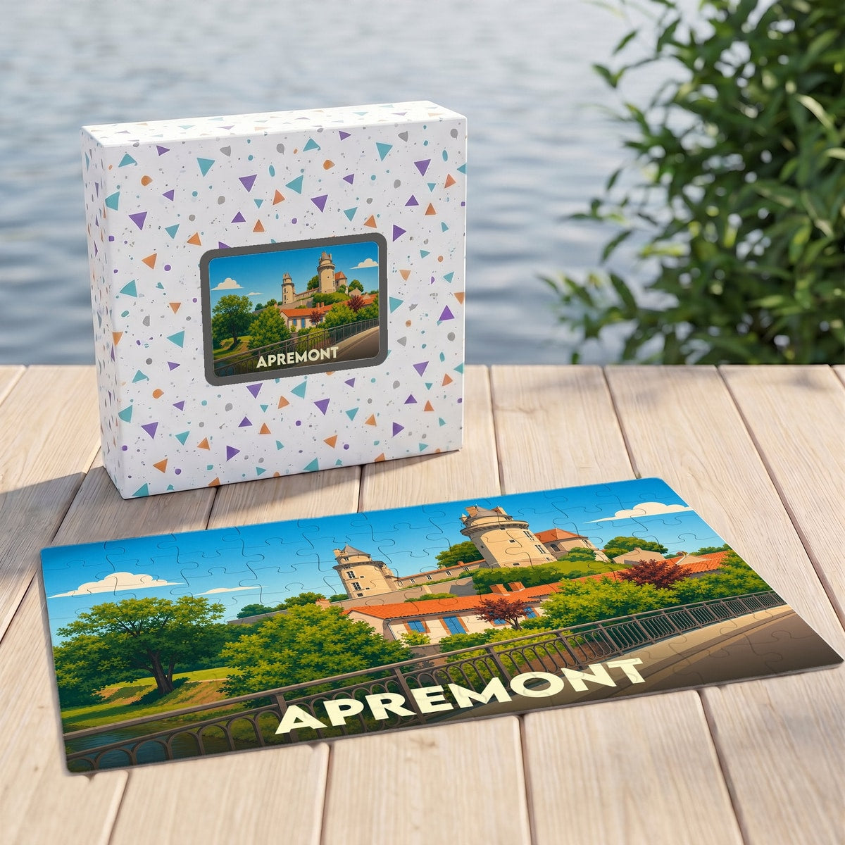 Puzzle souvenir de la ville d'Apremont avec une illustration stylisée d'un château.