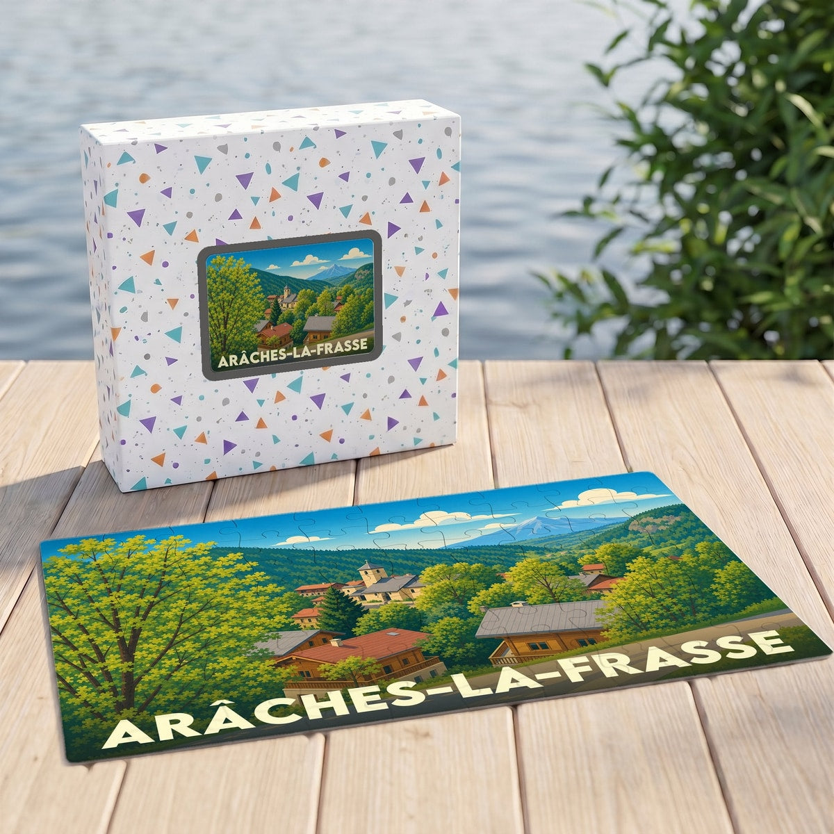 Puzzle souvenir de la ville de Arâches-la-Frasse avec une illustration stylisée d'un paysage de montagne.