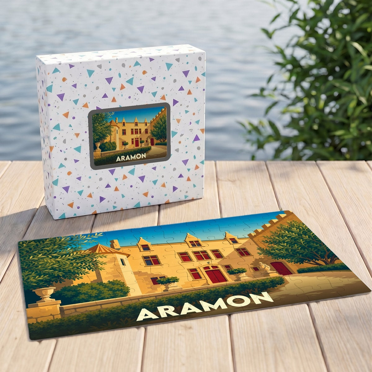 Puzzle souvenir de la ville d'Aramon avec une illustration stylisée de son château.