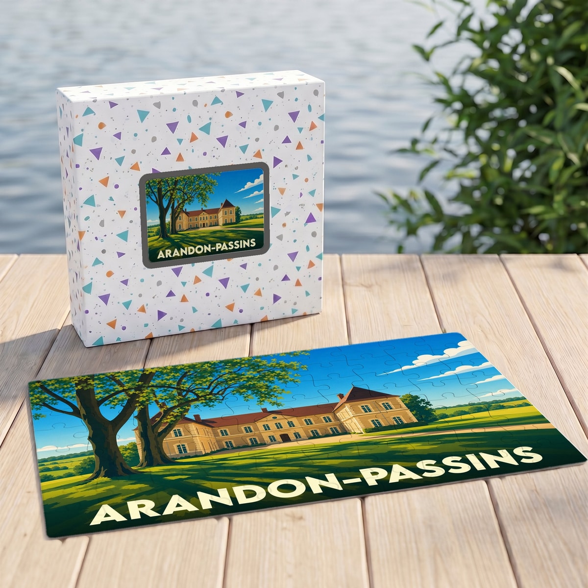 Puzzle souvenir de la ville d'Arandon-Passins avec une illustration stylisée d'un château.