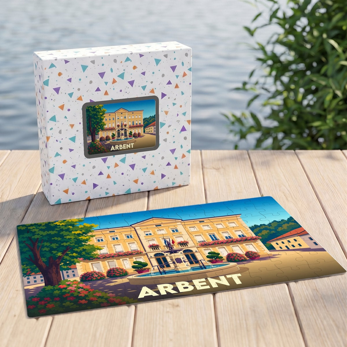 Puzzle souvenir de la ville de Arbent avec une illustration stylisée de sa mairie.