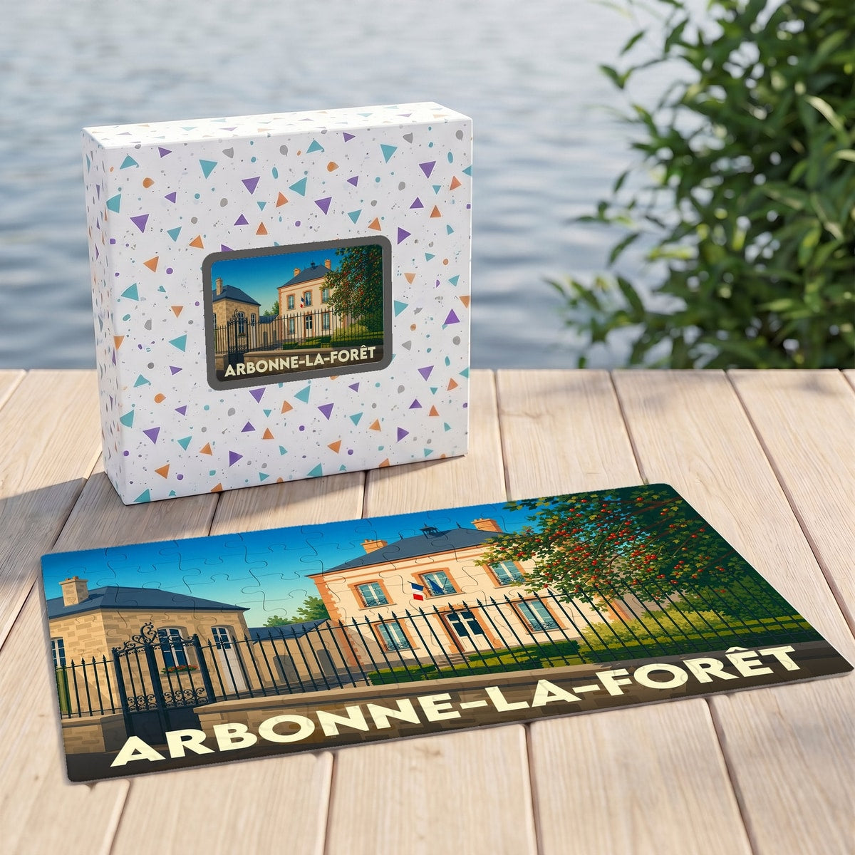 Puzzle souvenir de la ville d'Arbonne-la-Forêt avec une illustration stylisée de sa mairie.