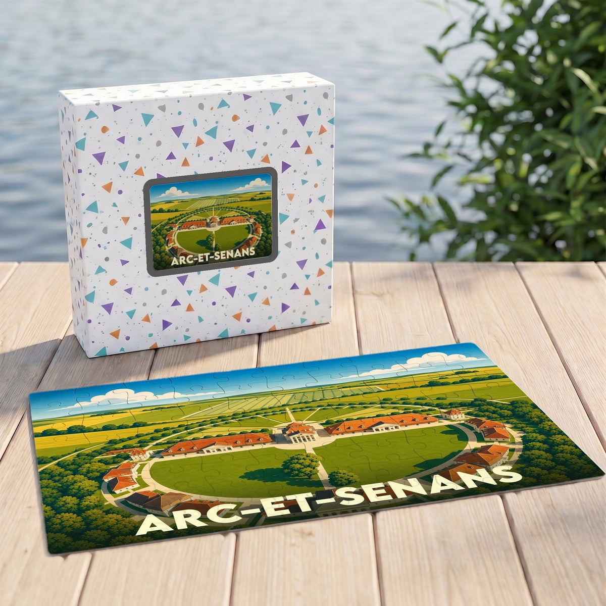 Puzzle souvenir de la ville d'Arc-et-Senans avec une illustration stylisée de sa célèbre saline royale.