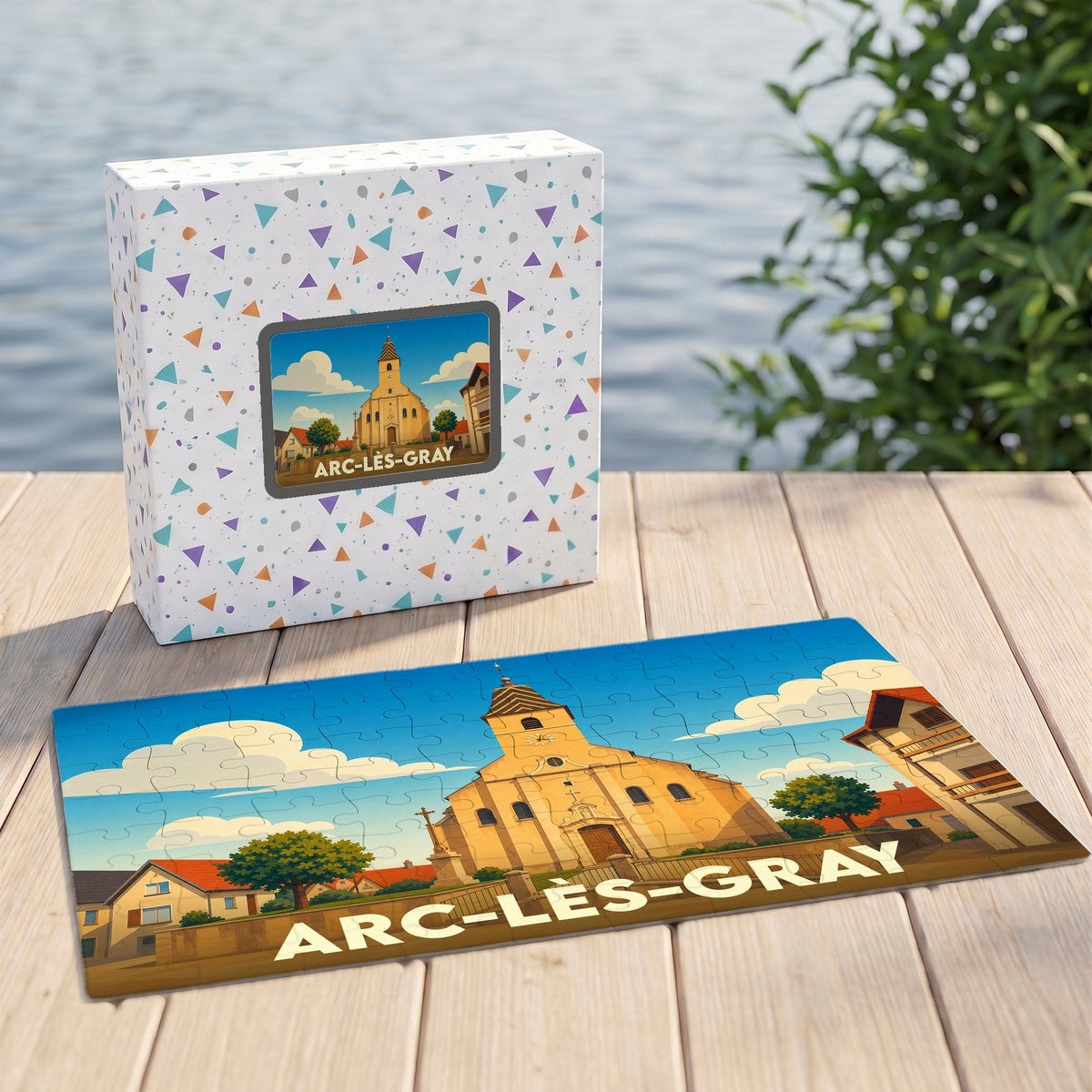 Puzzle souvenir de la ville d'Arc-lès-Gray avec une illustration stylisée de son église.