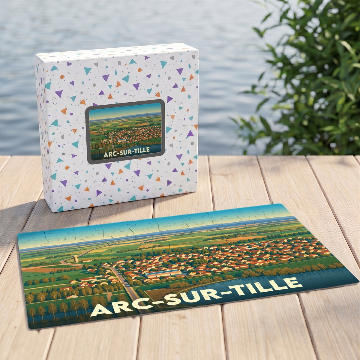 Puzzle souvenir de la ville de Arc-sur-Tille avec une illustration stylisée de son paysage urbain et rural.