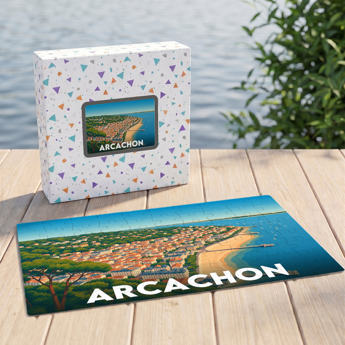Puzzle souvenir de la ville d'Arcachon présentant une vue aérienne illustrée du front de mer et du bassin.