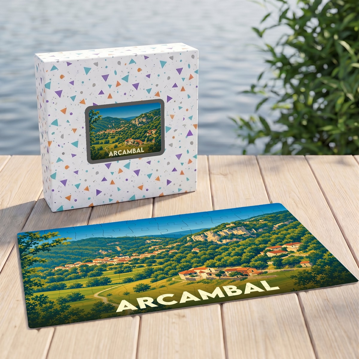 Puzzle souvenir de la ville de Arcambal avec une illustration de son paysage vallonné.