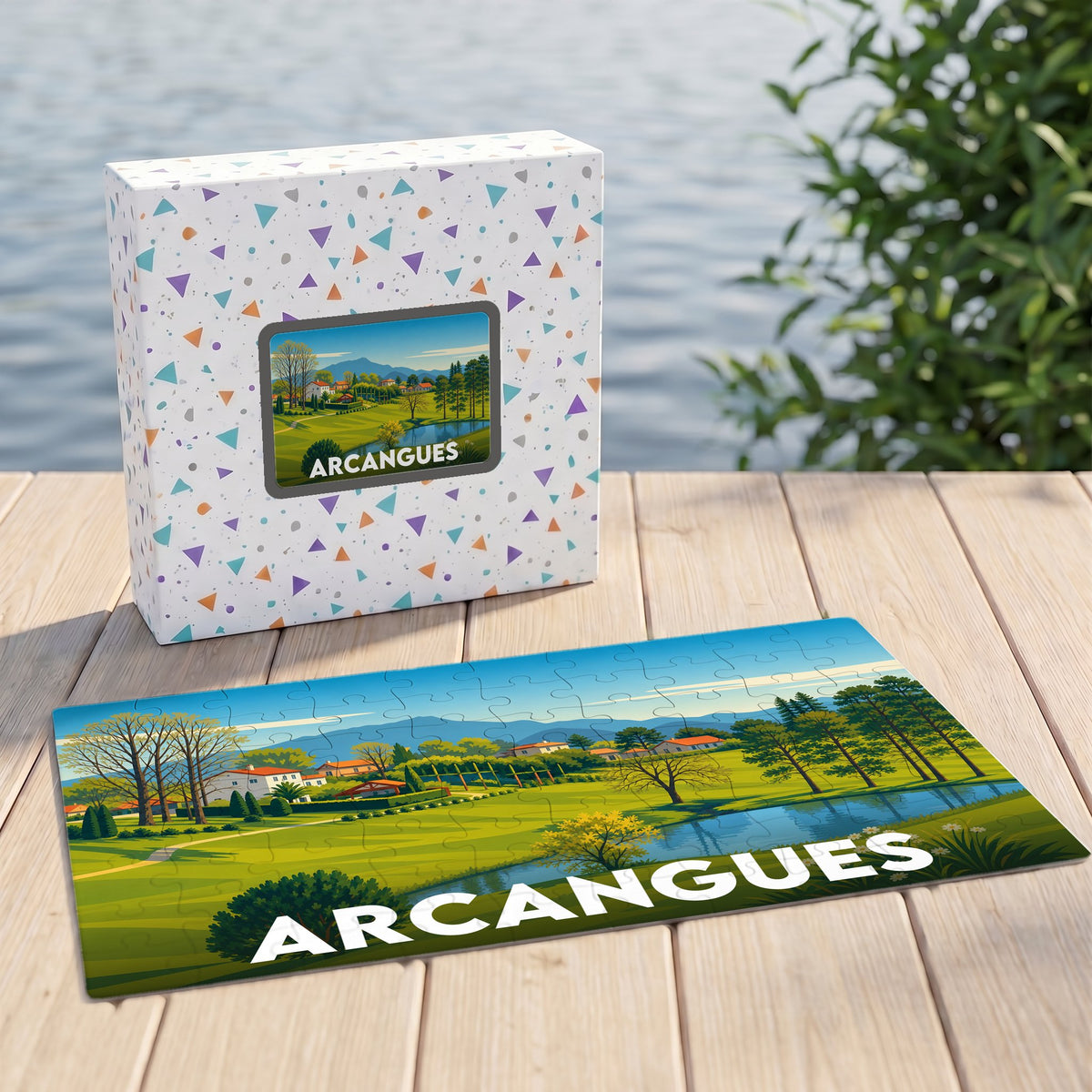 Puzzle souvenir de la ville d'Arcangues représentant un paysage bucolique avec une illustration stylisée.