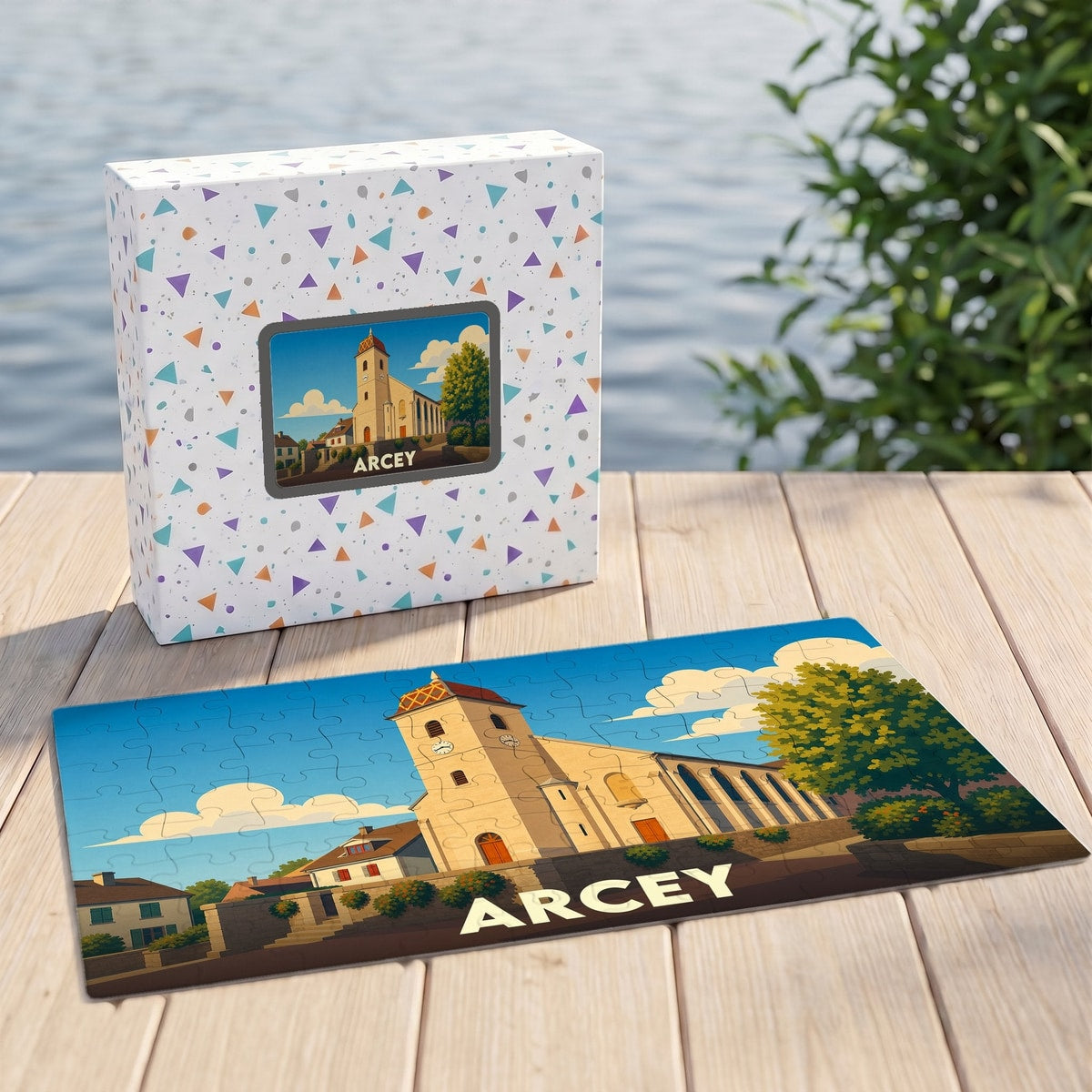 Puzzle souvenir de la ville d'Arcey avec une illustration stylisée de son église.