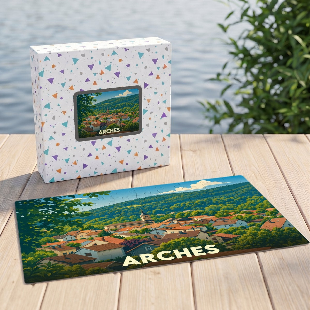 Puzzle souvenir de la ville d'Arches avec une illustration stylisée d'un village niché dans une vallée verdoyante.