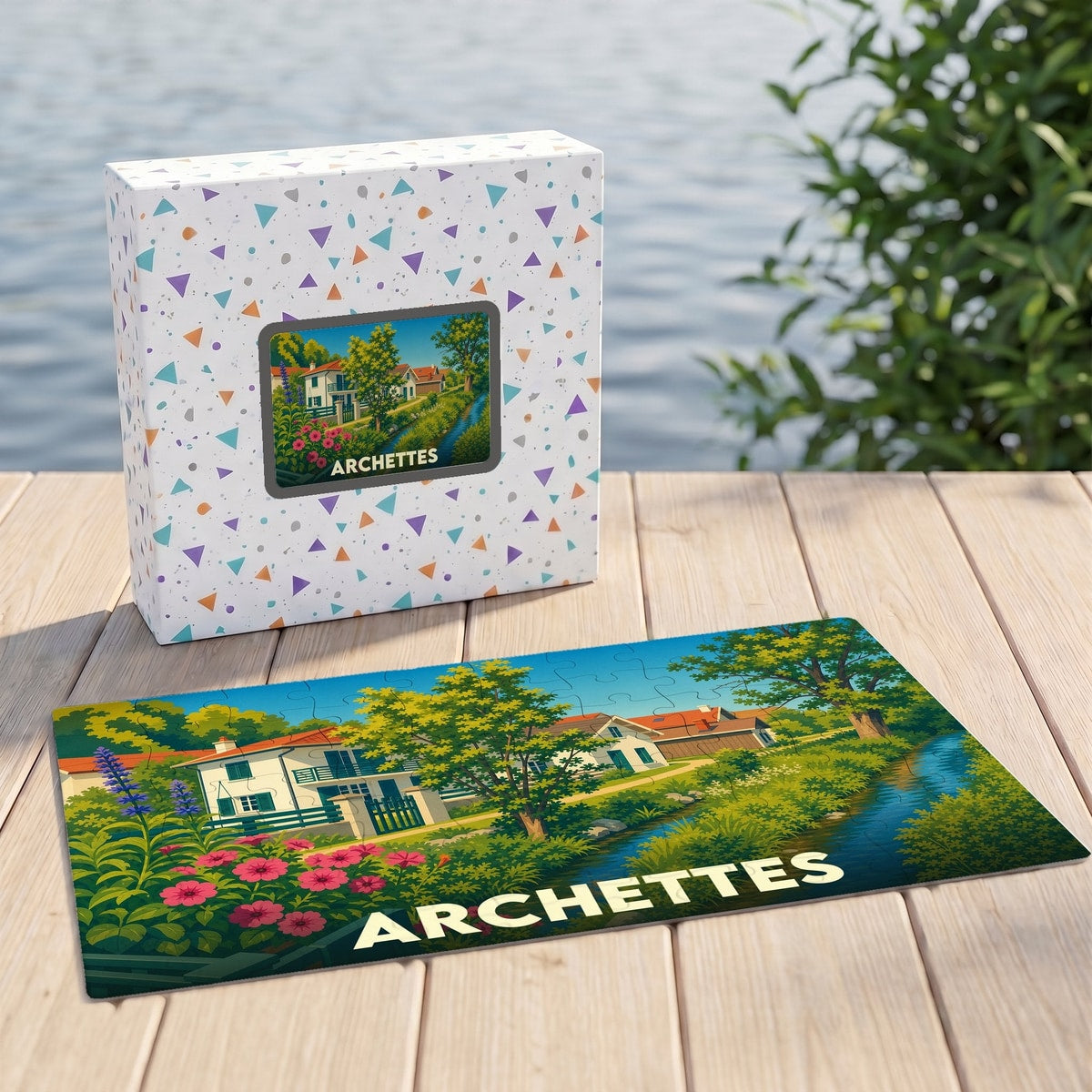 Puzzle souvenir de la ville d'Archettes représentant un paysage champêtre illustré avec sa boîte assortie.