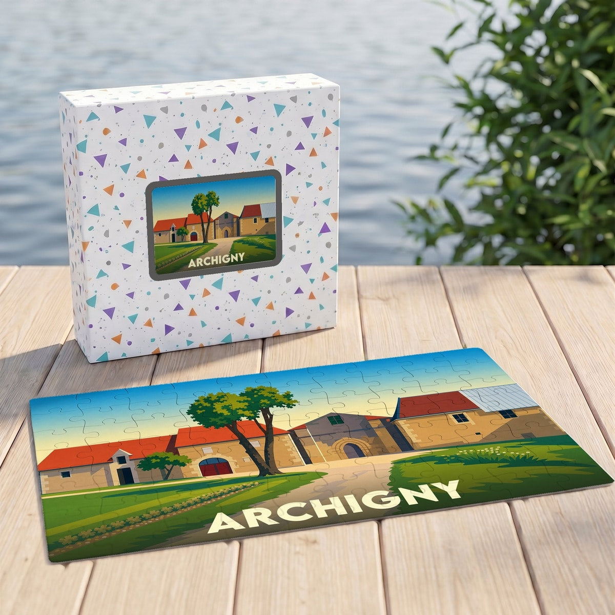 Puzzle souvenir de la commune d'Archigny présentant une illustration stylisée de ses bâtiments traditionnels.