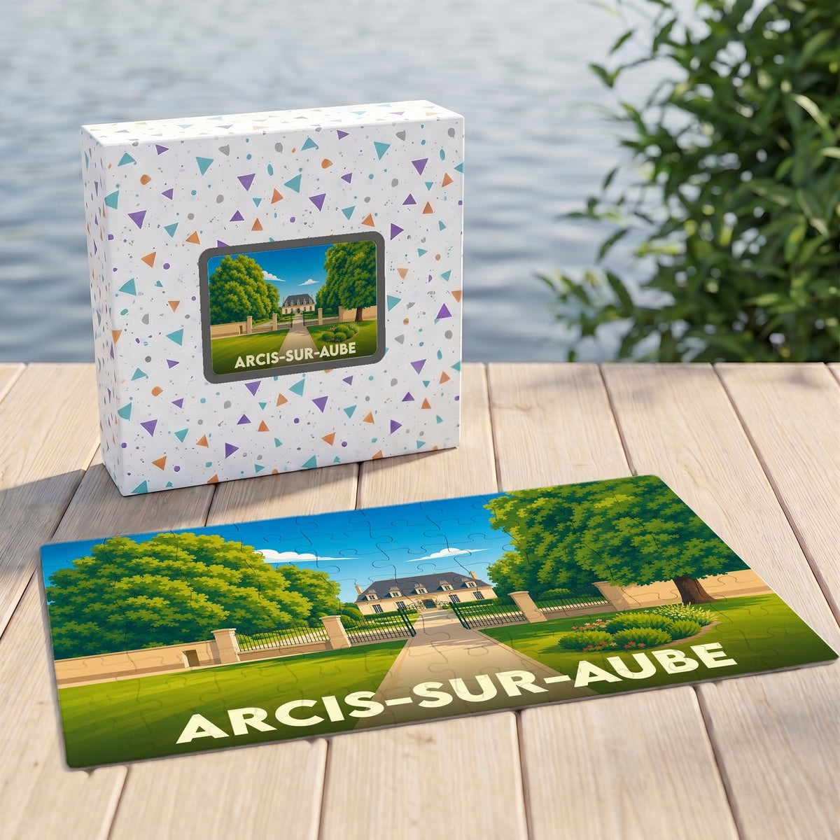Puzzle souvenir de la ville d'Arcis-sur-Aube avec une illustration stylisée de son château.