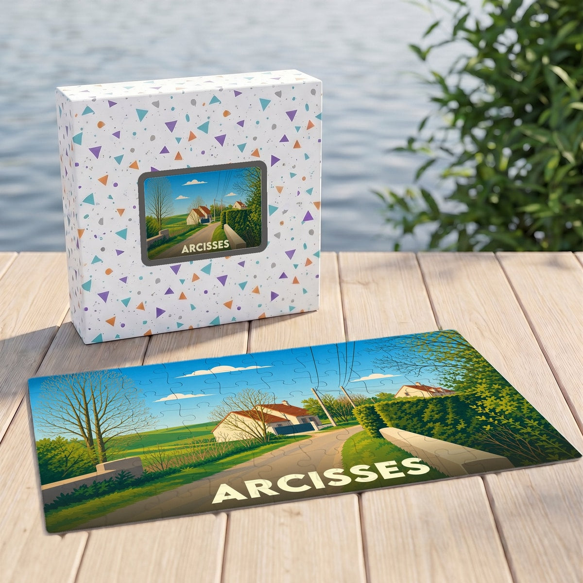 Puzzle souvenir de la ville de Arcisses avec une illustration de paysage rural stylisée.