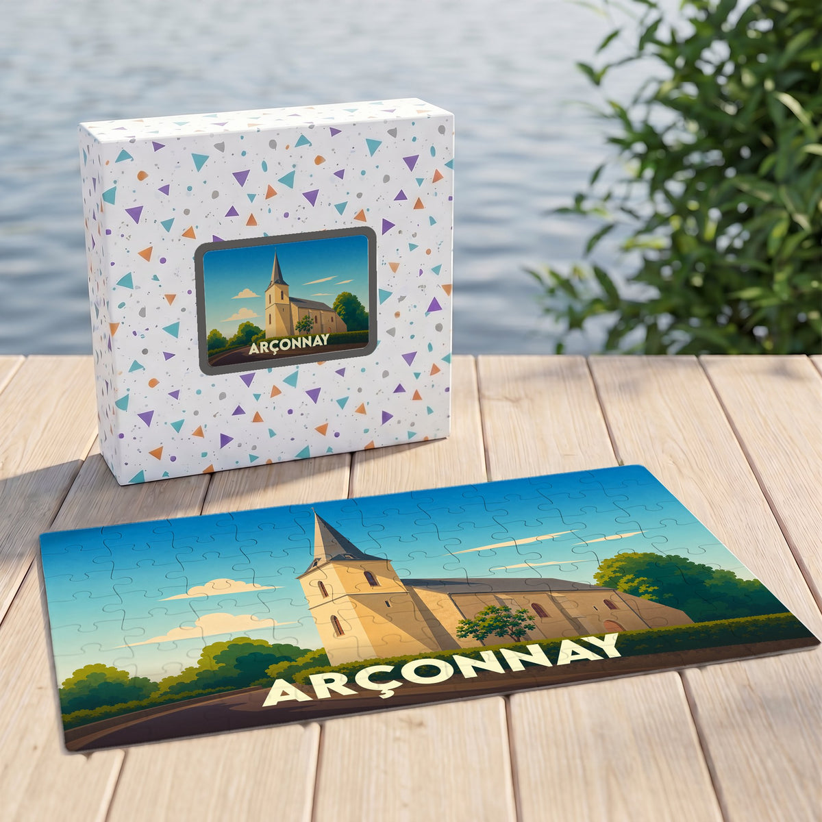 Puzzle souvenir de la ville d'Arçonnay avec une illustration stylisée de son église.