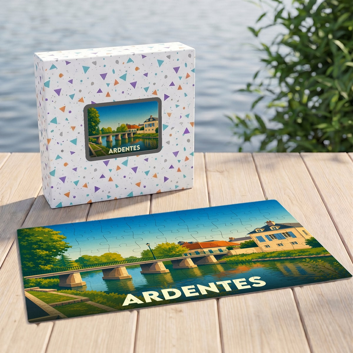 Puzzle souvenir de la ville de Ardentes illustrant un pont et un bâtiment historique au bord de l'eau.