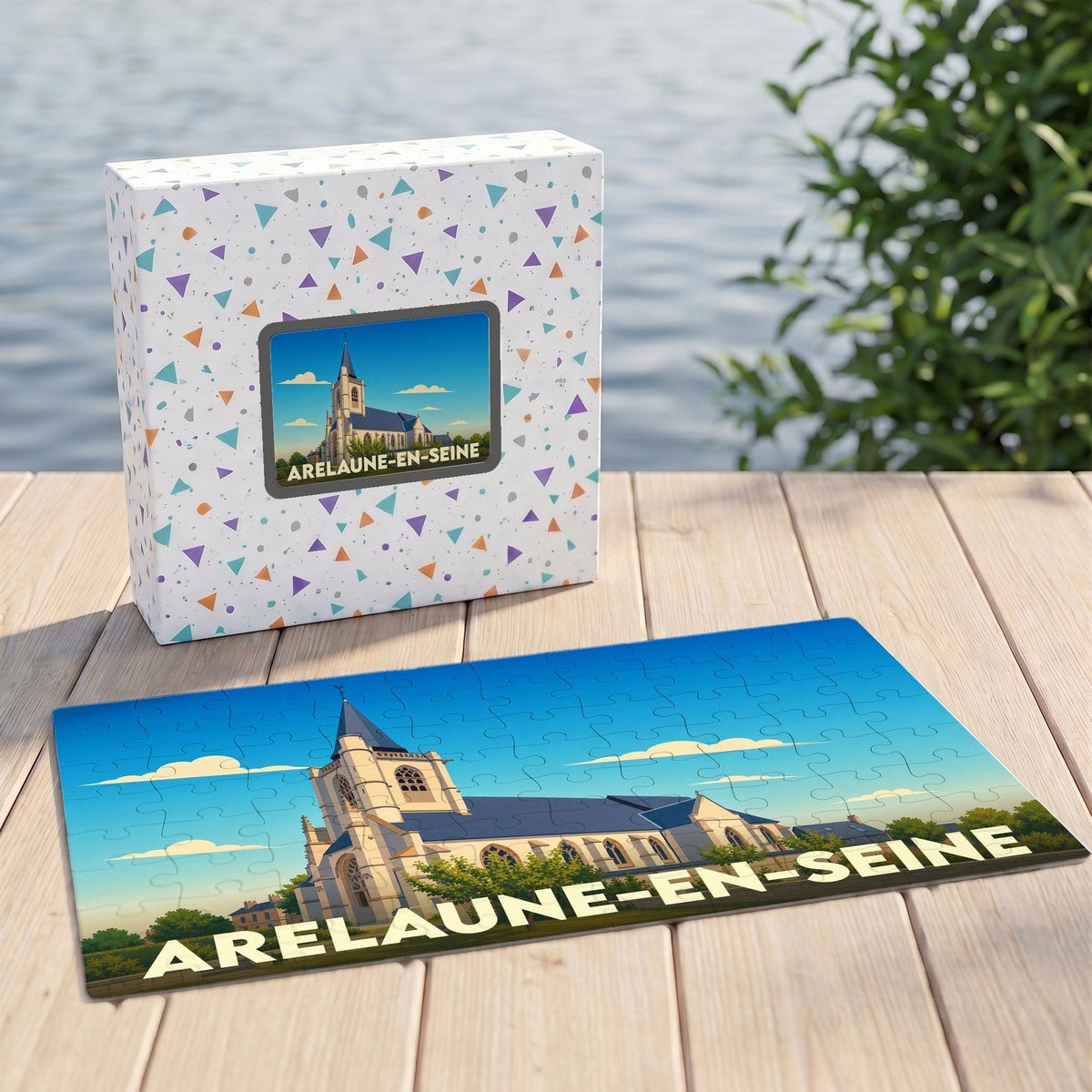 Puzzle souvenir de la ville de Arelaune-en-Seine avec une illustration stylisée de son église.