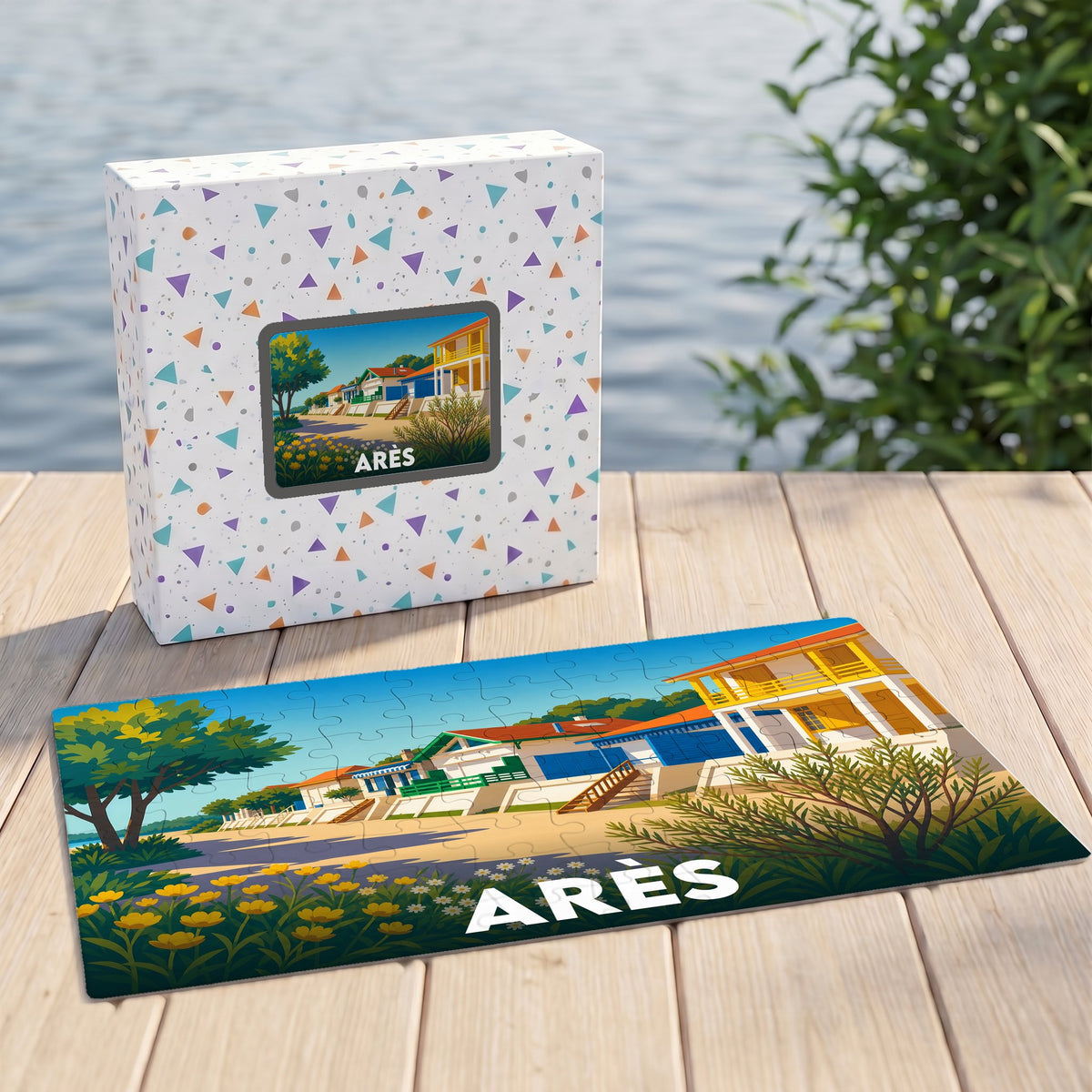 Puzzle souvenir de la ville d'Arès avec une illustration colorée de son bord de mer et de ses cabanes ostréicoles.