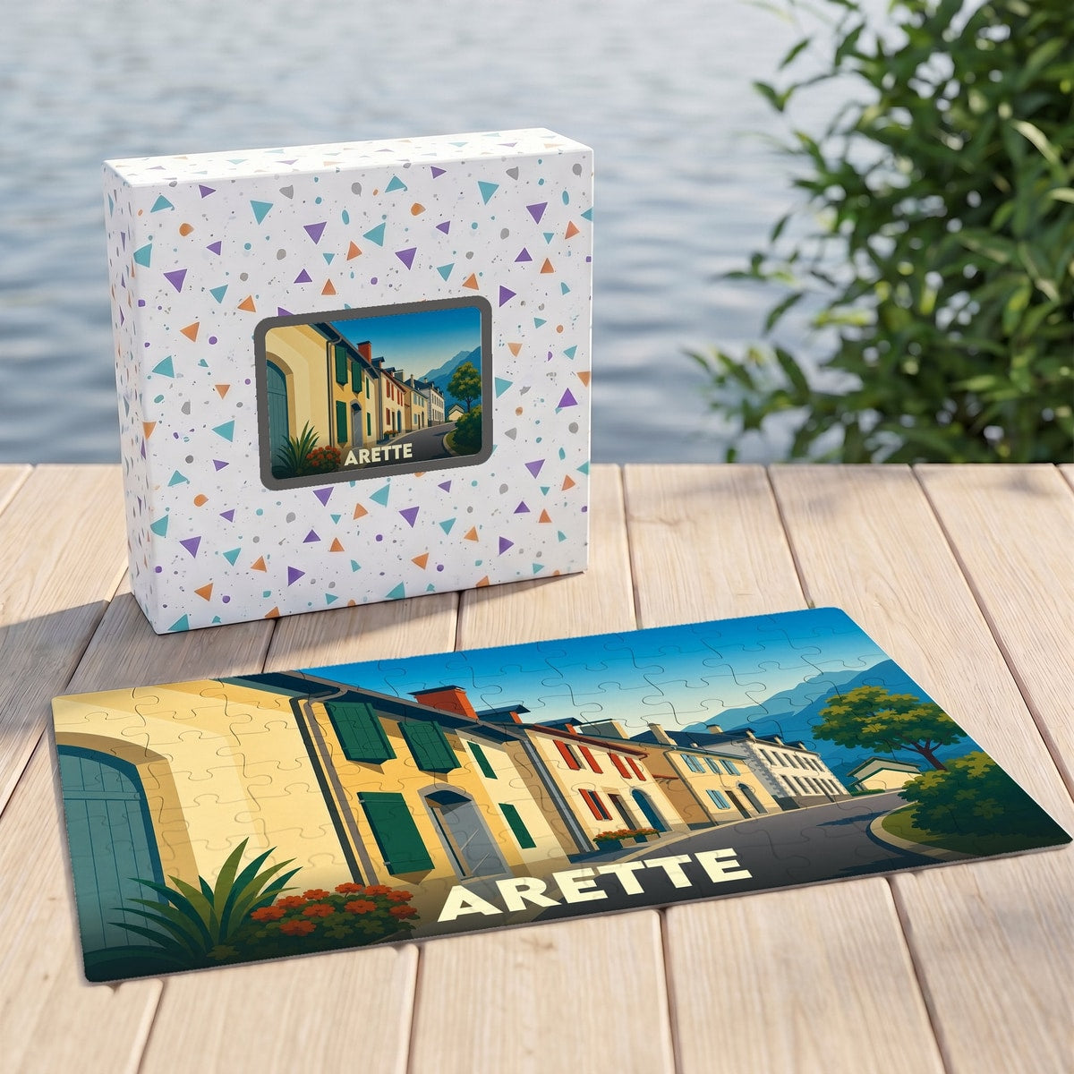 Puzzle souvenir de la ville d'Arette avec son illustration stylisée et sa boîte assortie.