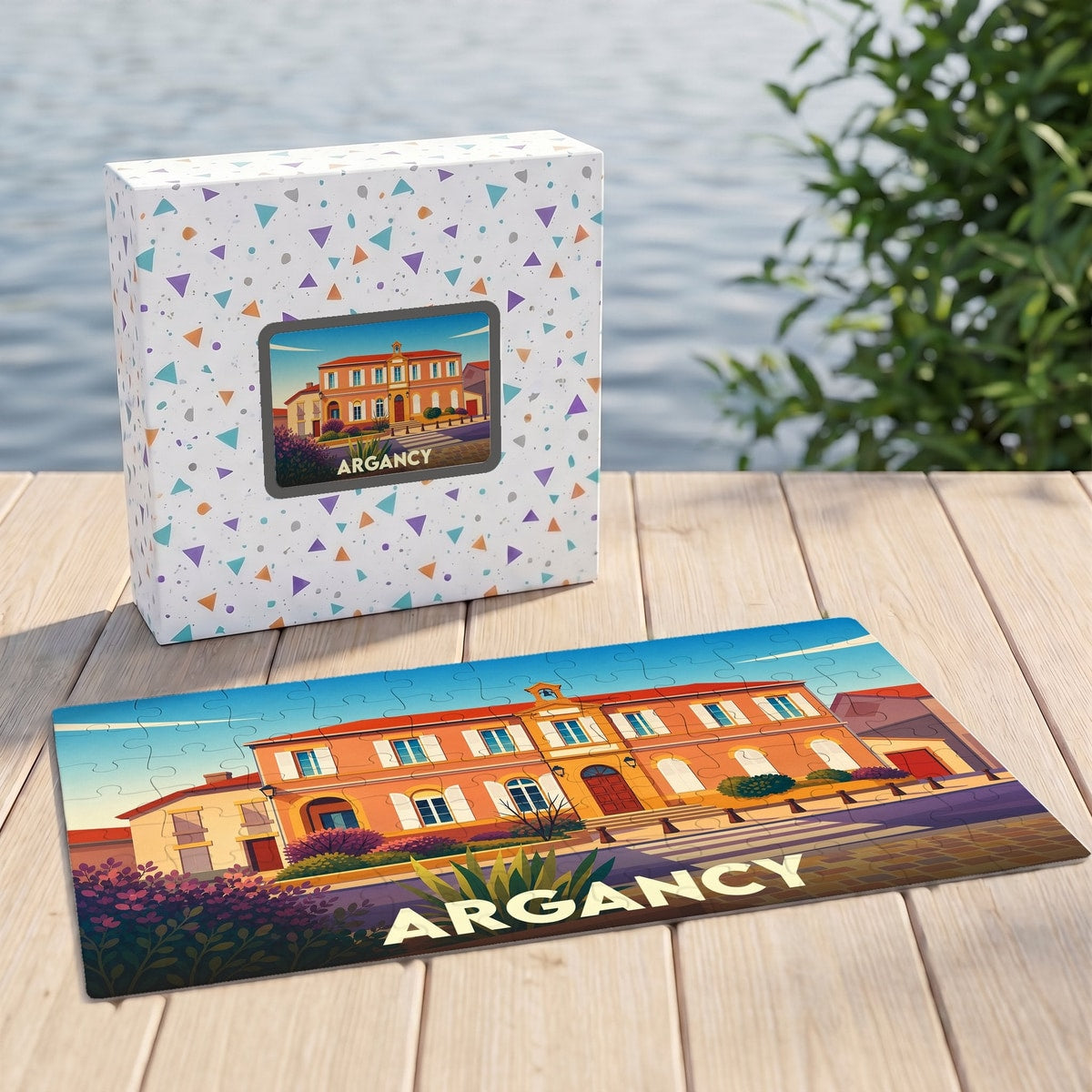 Puzzle souvenir de la ville d'Argancy présentant une illustration stylisée de sa mairie sur sa boîte et en version assemblée.