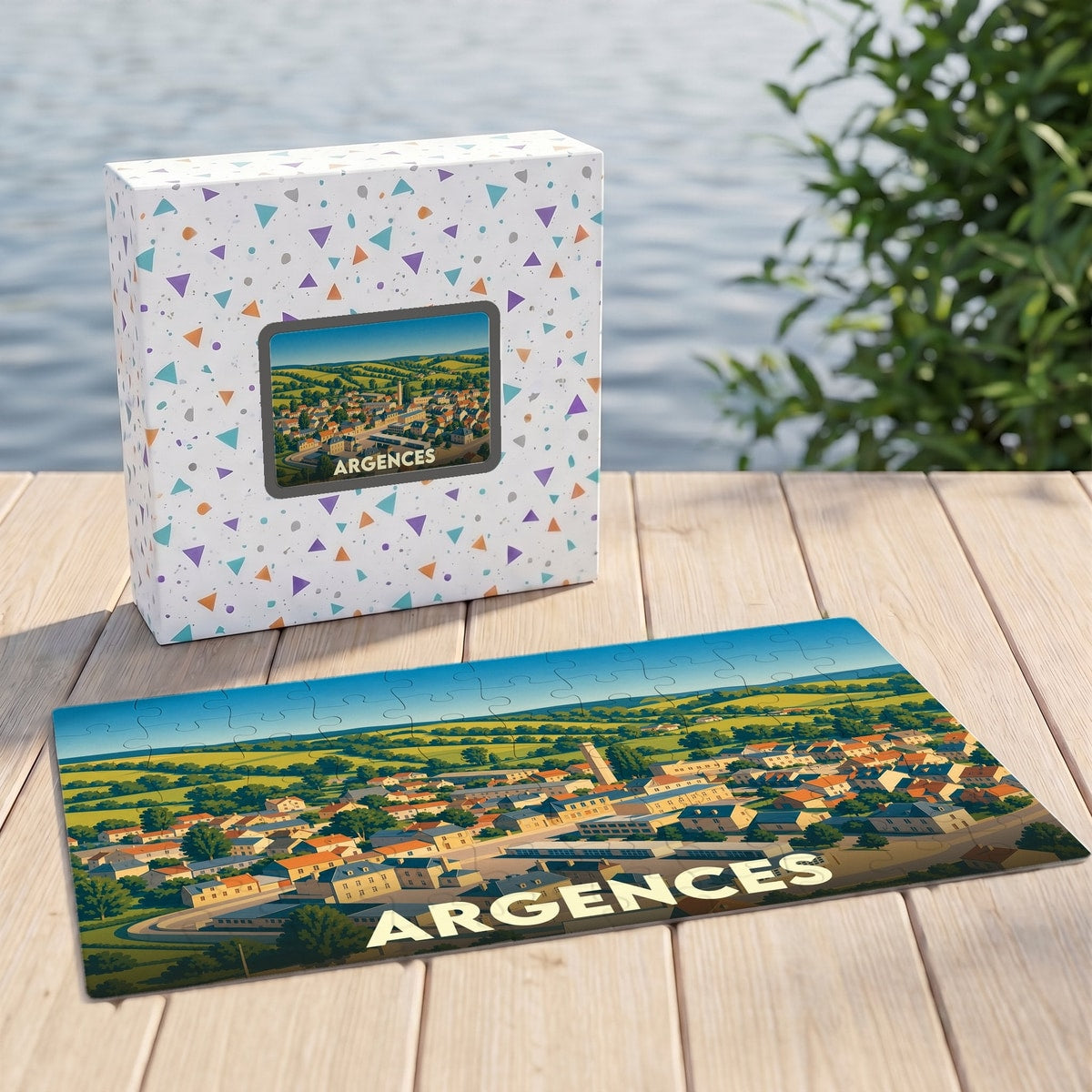 Puzzle souvenir de la ville d'Argences avec une illustration panoramique stylisée.