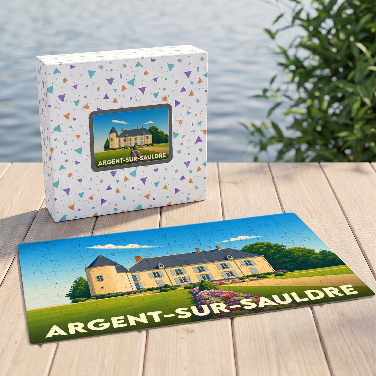 Puzzle souvenir de la ville d'Argent-sur-Sauldre avec une illustration stylisée de son château.