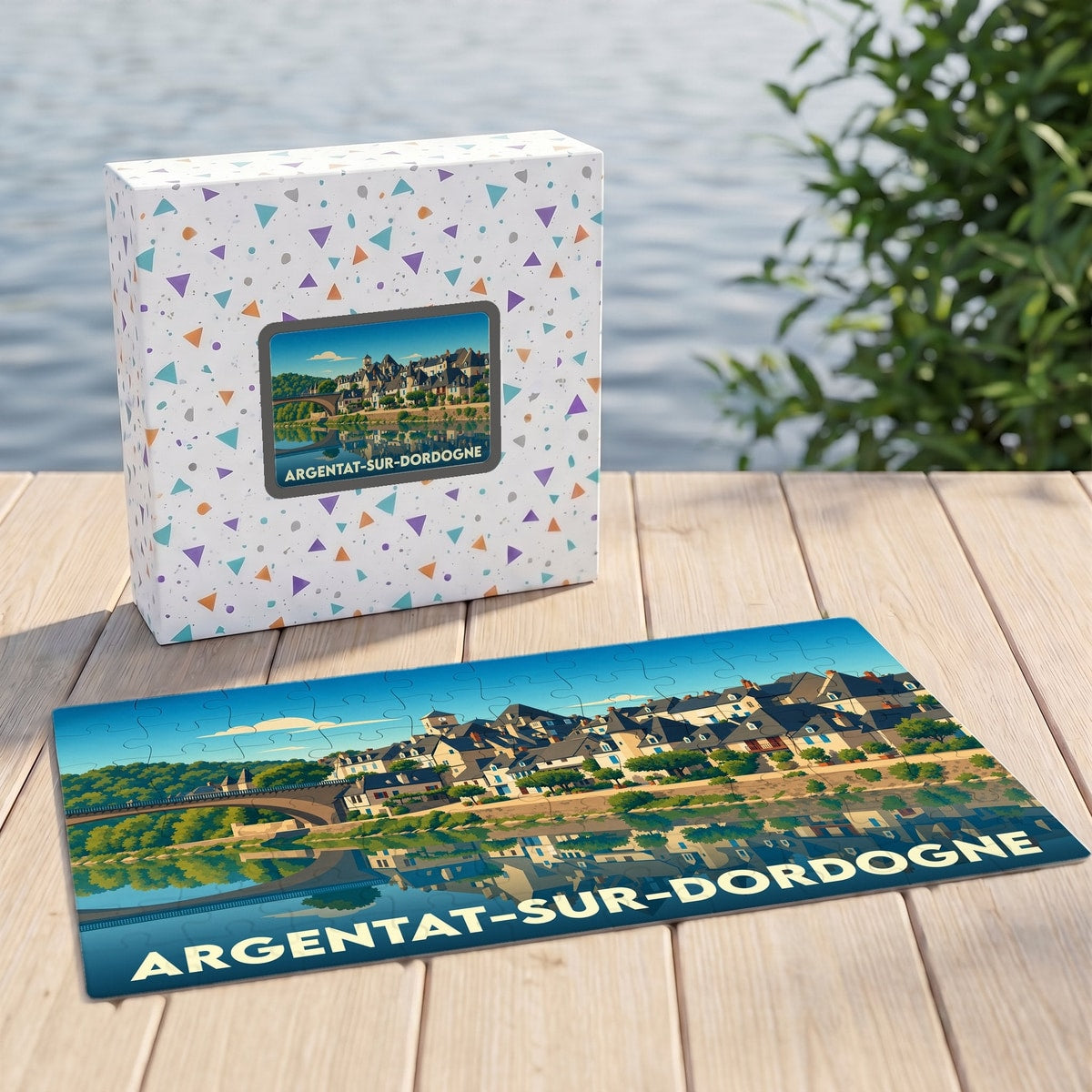 Puzzle souvenir de la ville d'Argentat-sur-Dordogne avec une illustration stylisée des quais de la Dordogne.