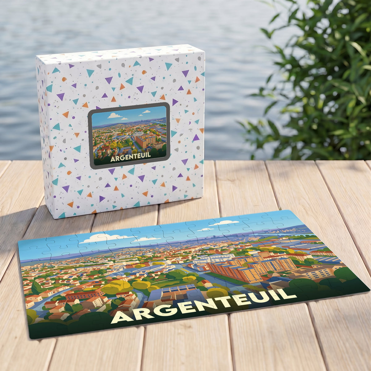 Puzzle souvenir de la ville d'Argenteuil avec une illustration panoramique stylisée et colorée.
