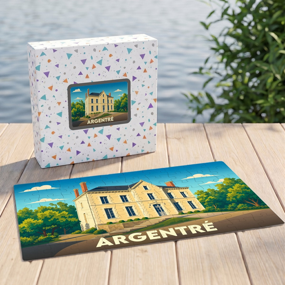 Puzzle souvenir de la ville d'Argentré avec une illustration stylisée d'un manoir.