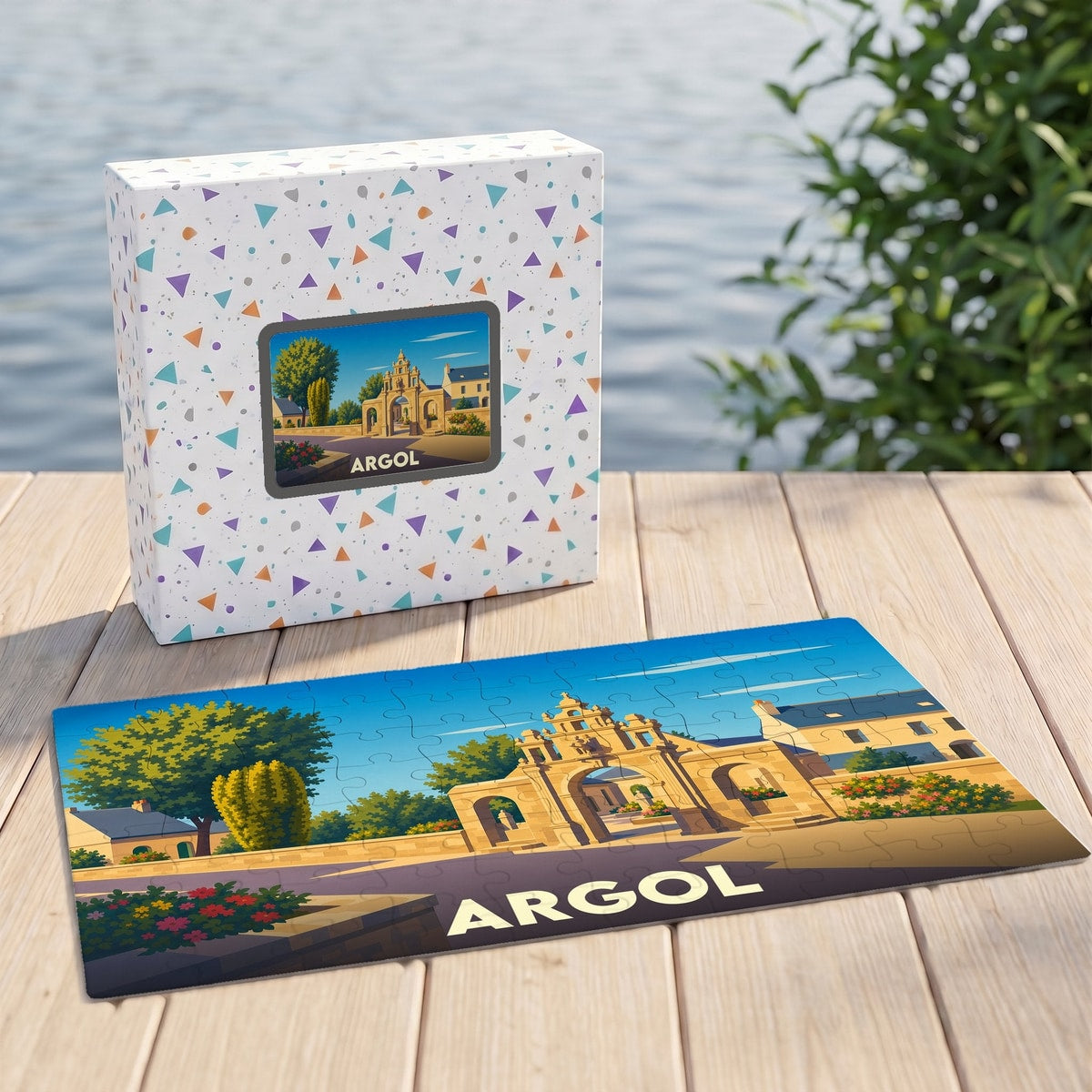 Puzzle souvenir de la ville d'Argol avec une illustration stylisée de son enclos paroissial.