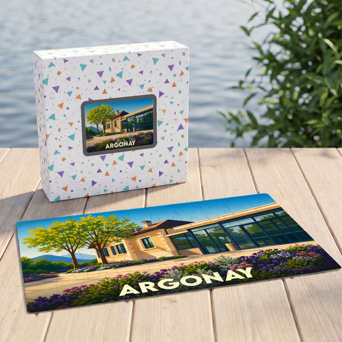 Puzzle souvenir de la ville d'Argonay avec une illustration colorée et stylisée de son paysage urbain.