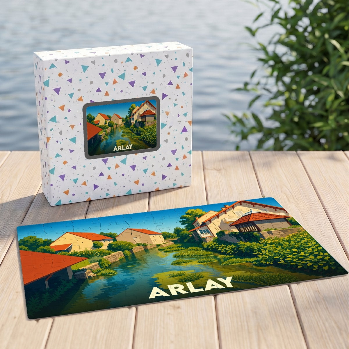 Puzzle souvenir de la ville d'Arlay représentant une illustration colorée de maisons au bord de l'eau.