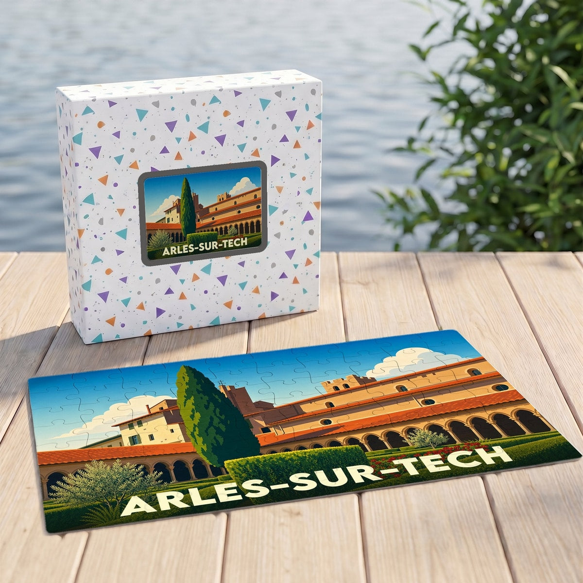 Puzzle souvenir de la ville d'Arles-sur-Tech avec une illustration stylisée de son patrimoine architectural.