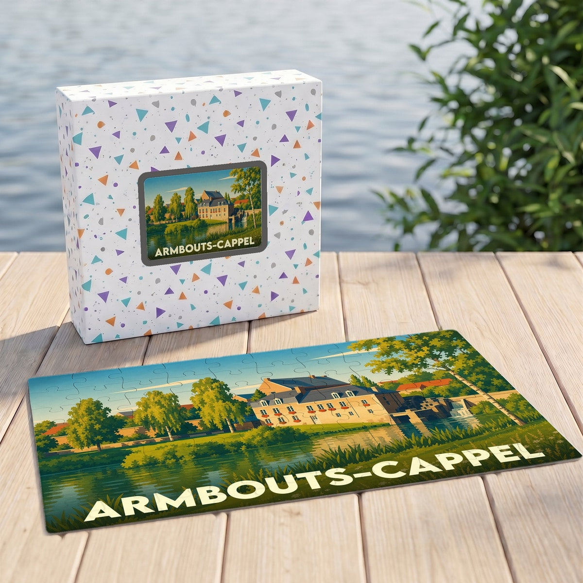 Puzzle souvenir de la ville d'Armbouts-Cappel avec une illustration stylisée d'un paysage fluvial.