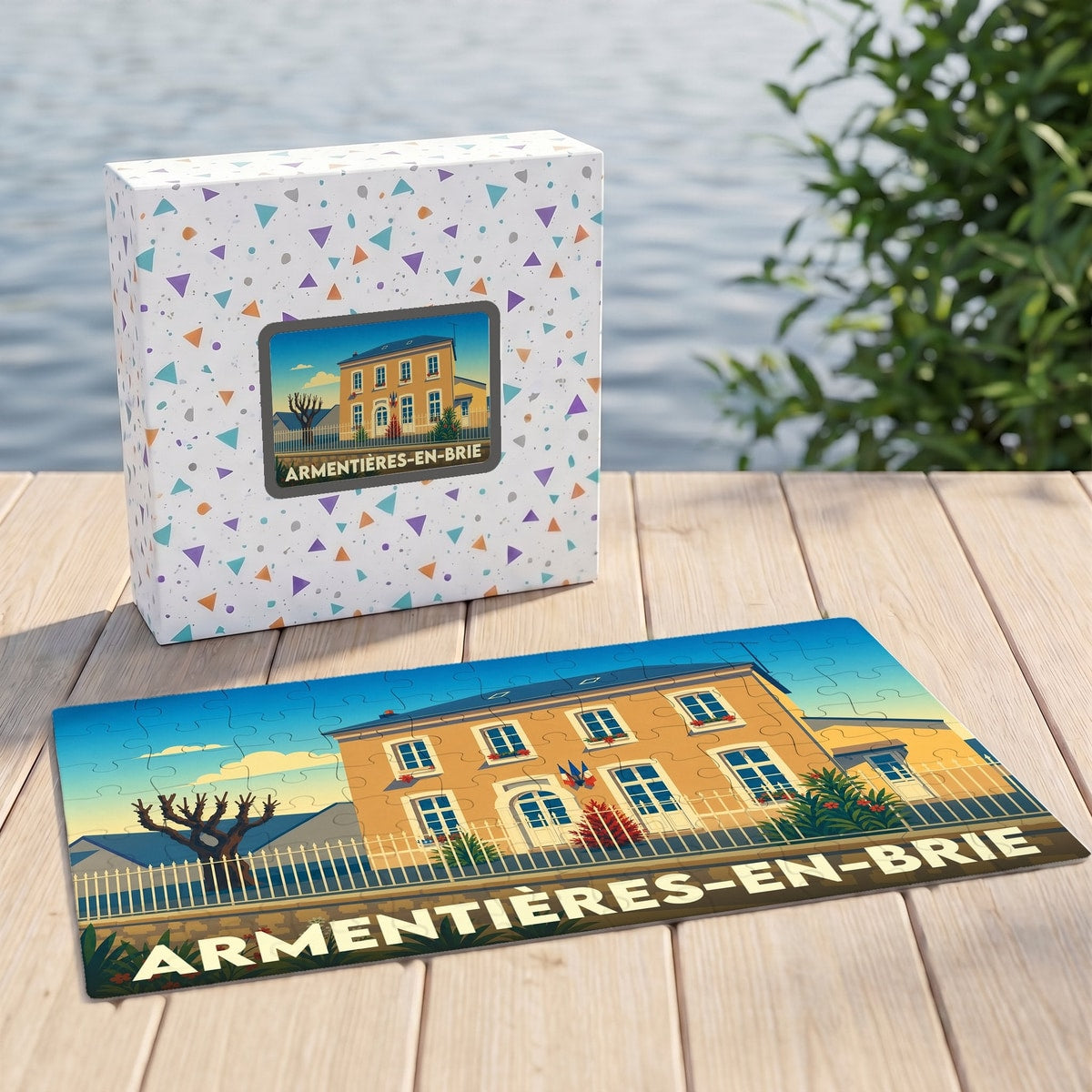 Puzzle souvenir de la ville de Armentières-en-Brie avec une illustration stylisée de sa mairie.
