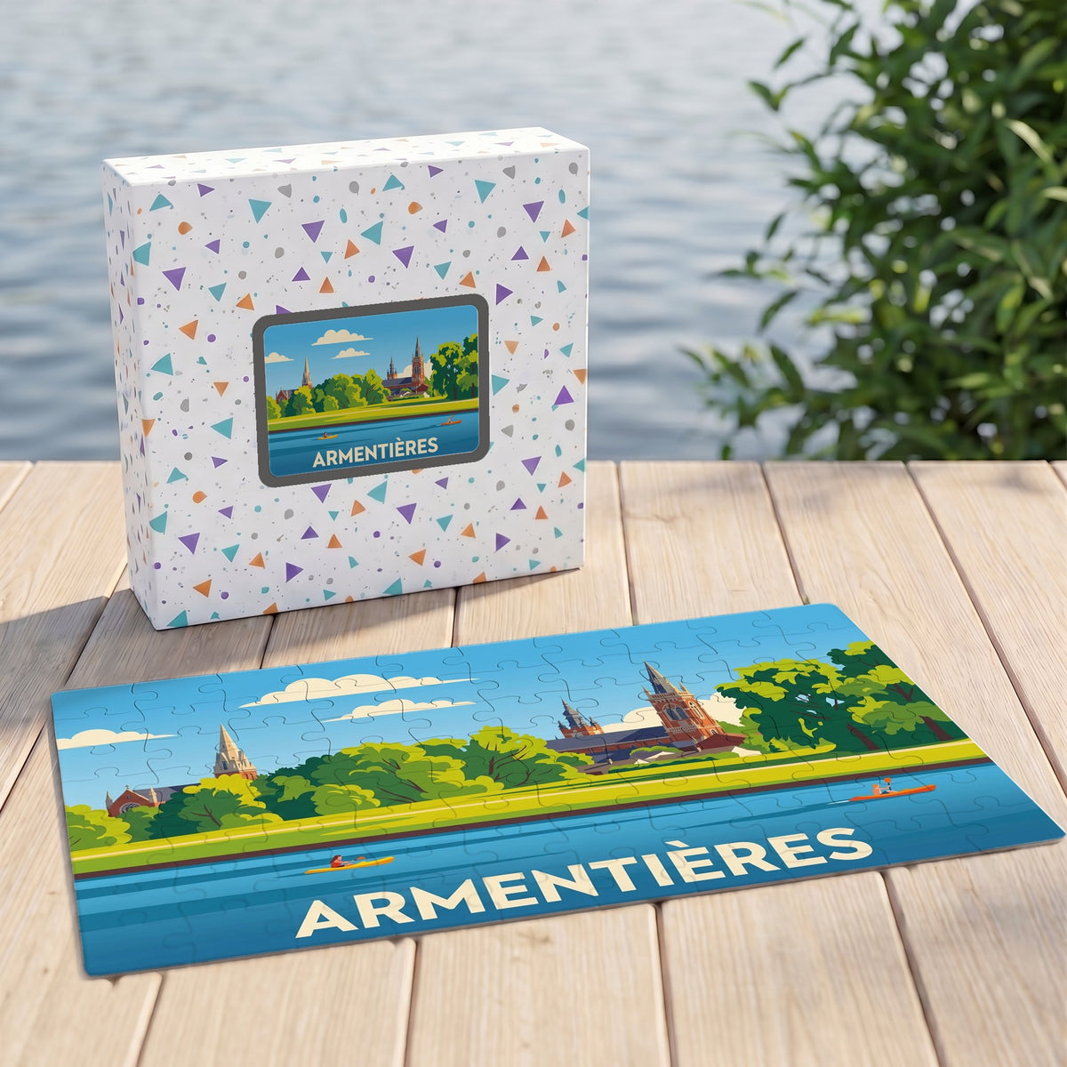 Puzzle souvenir de la ville d'Armentières avec une illustration stylisée d'un paysage fluvial.