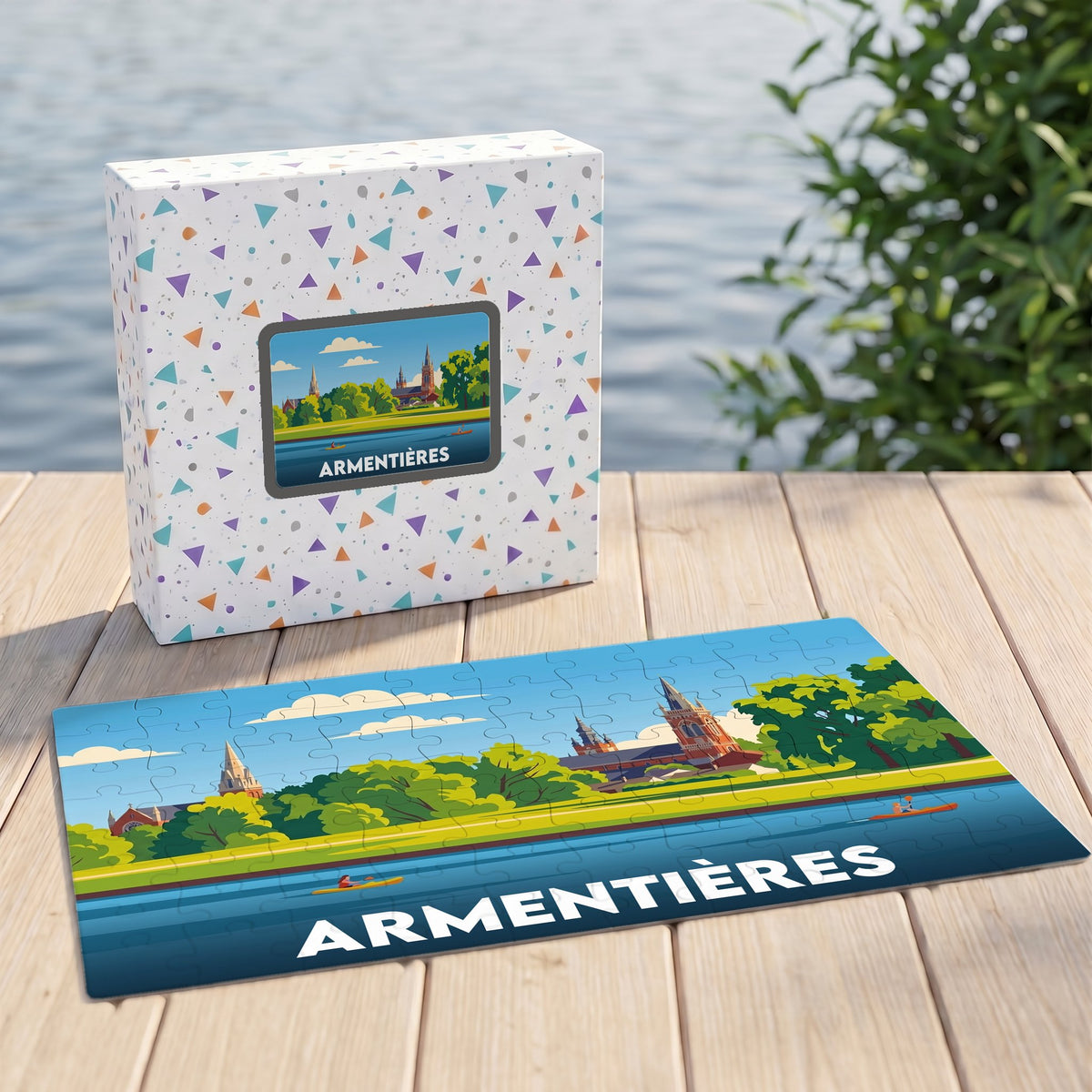 Puzzle souvenir de la ville d'Armentières avec une illustration stylisée d'un paysage fluvial.