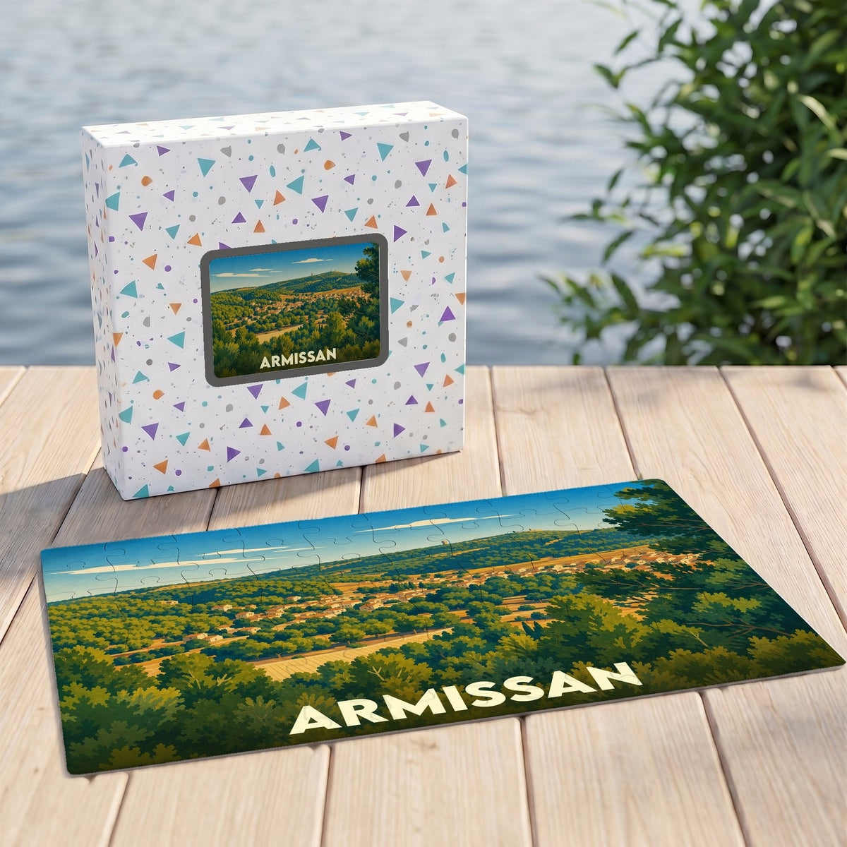 Puzzle souvenir de la ville de Armissan avec une illustration paysagère stylisée.