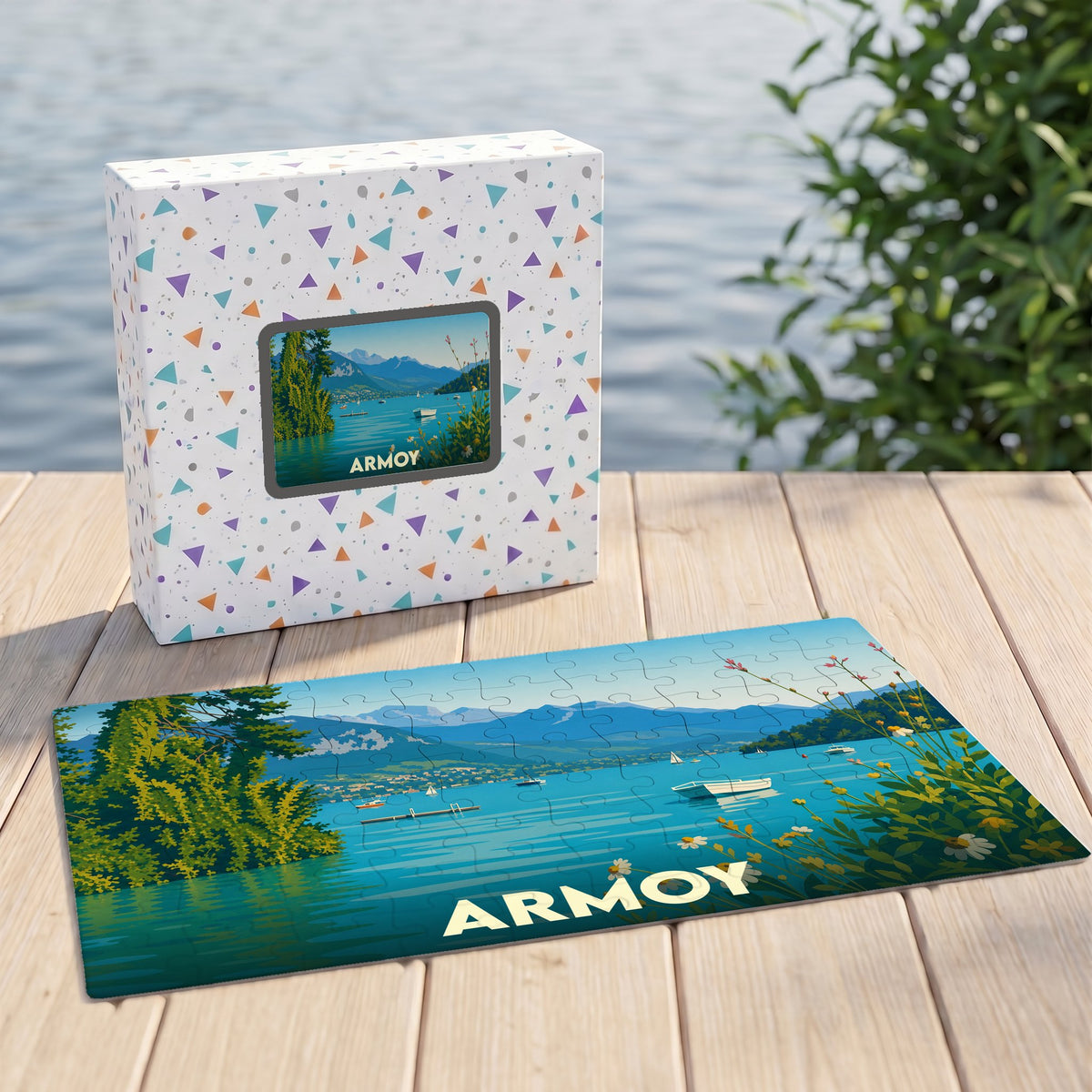 Puzzle souvenir de la ville d'Armoy avec une illustration stylisée d'un lac de montagne.
