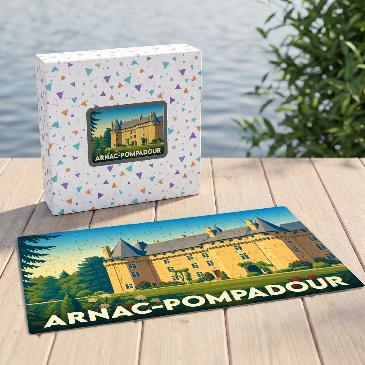 Puzzle souvenir de la ville d'Arnac-Pompadour avec une illustration stylisée de son château.