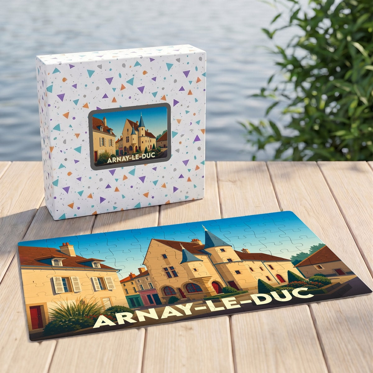 Puzzle souvenir de la ville d'Arnay-le-Duc avec une illustration stylisée et colorée.