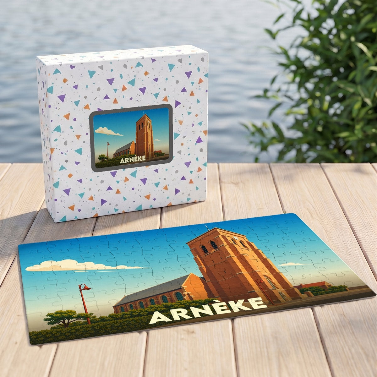 Puzzle souvenir de la ville d'Arnèke avec une illustration stylisée de son église.